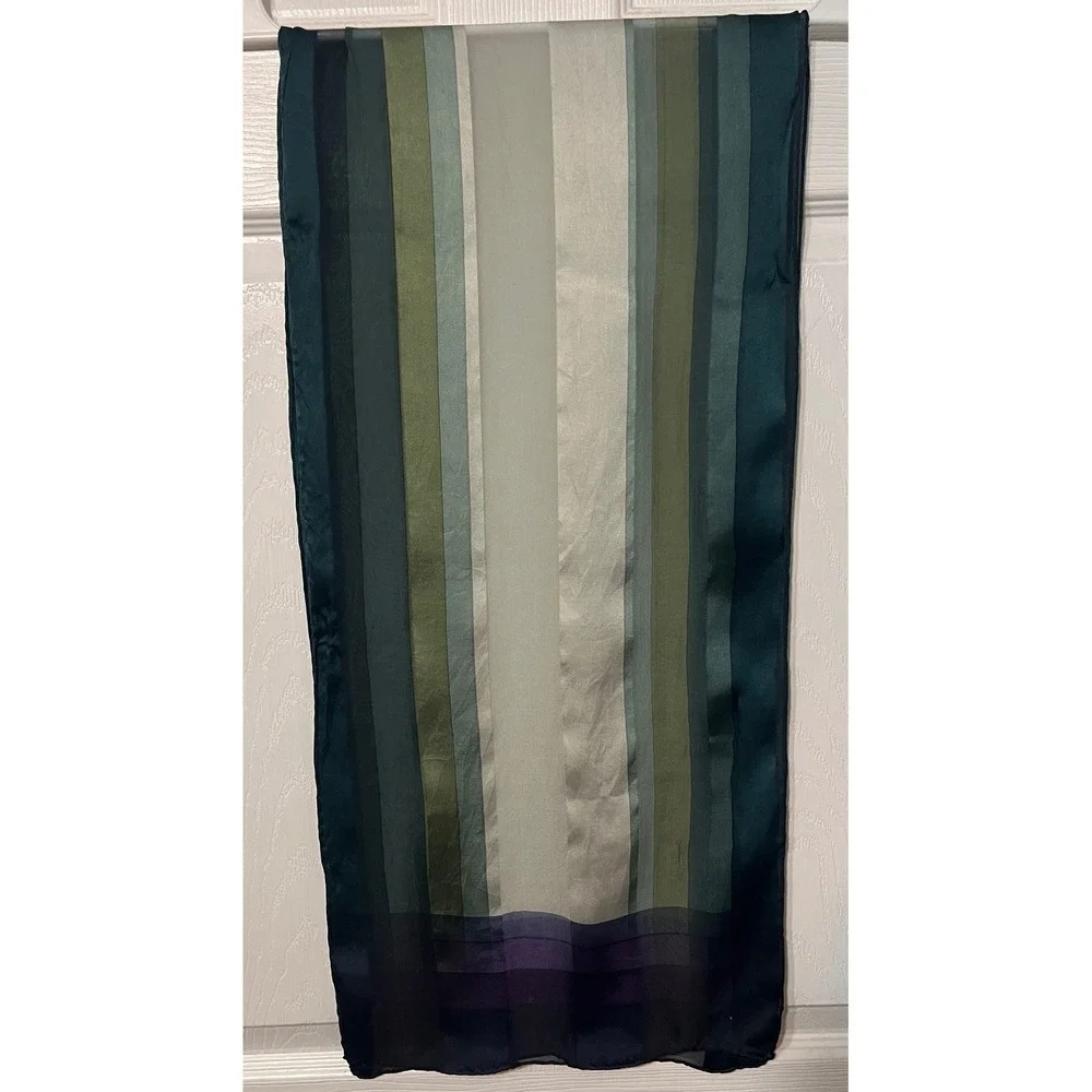 Bill Blass Silk Scarf Green Teal Purple Striped Colorblock Designer Wrap 13x54